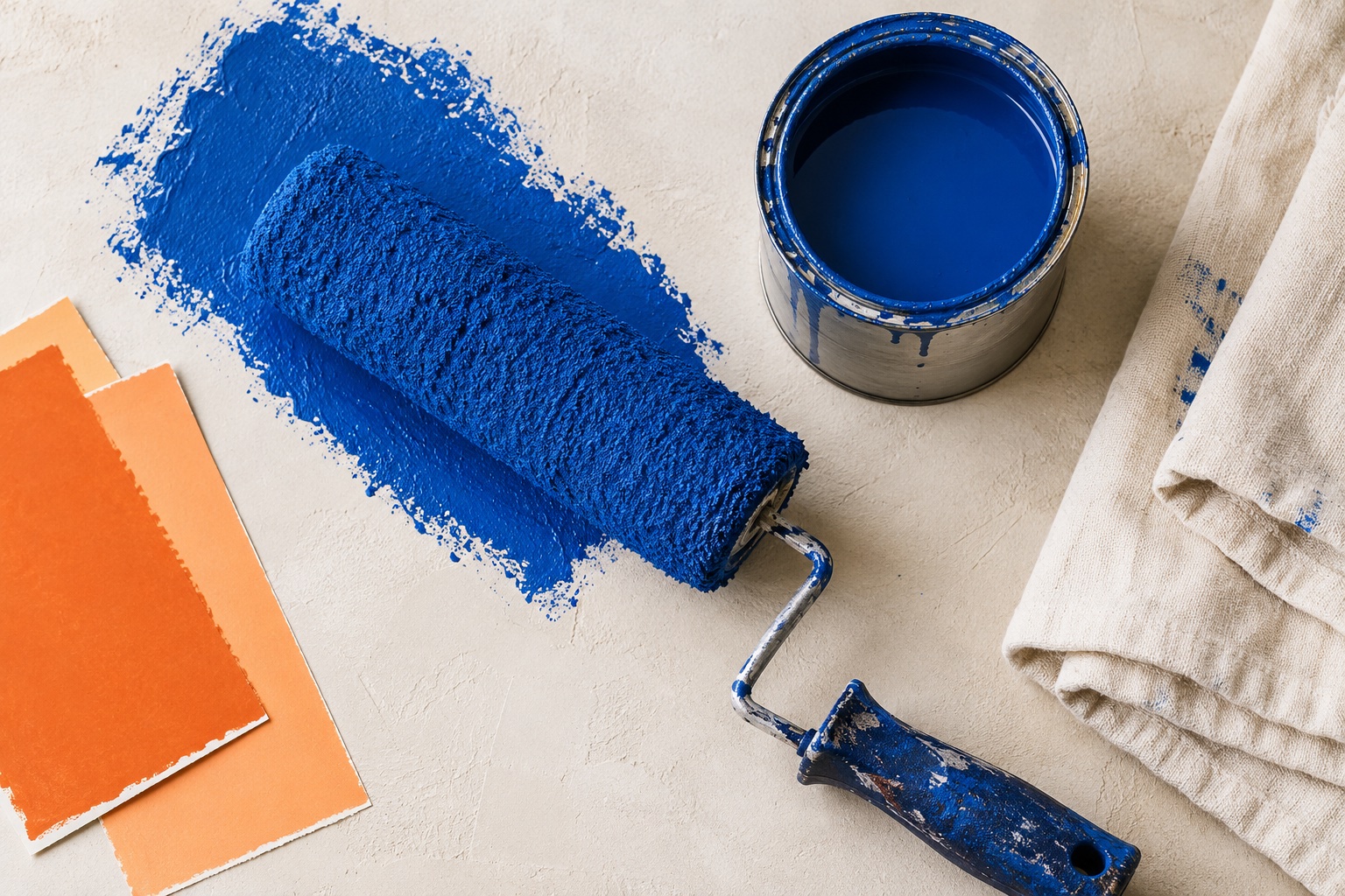 Illustrative AI study of blue paint, a roller, orange swatches and a cotton dropcloth